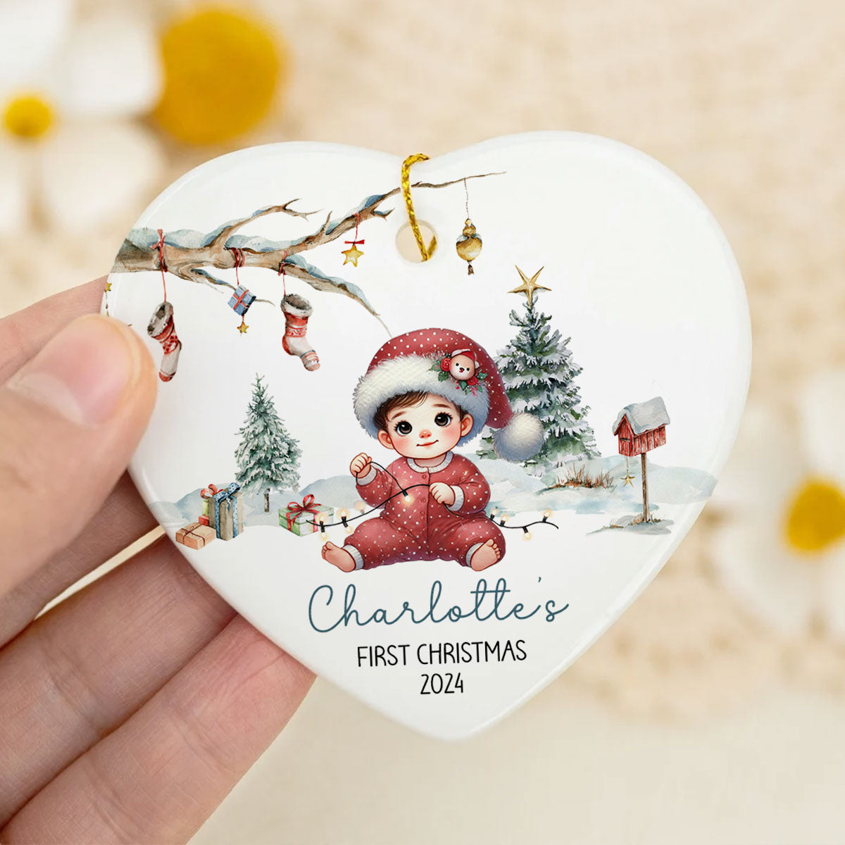 Watercolor Woodland Baby's First Christmas Personalized Heart Shaped Ceramic Ornament, Christmas Gift Keepsake for New Mom New Dad
