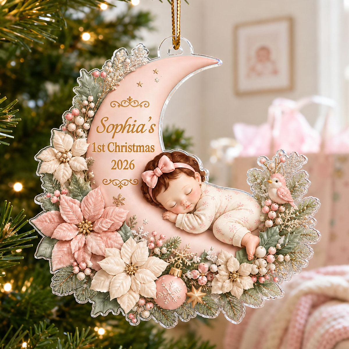 First Christmas Baby Boy Girl on Floral Moon - Personalized Acrylic Ornament - Christmas Gift for New Mom, Dad