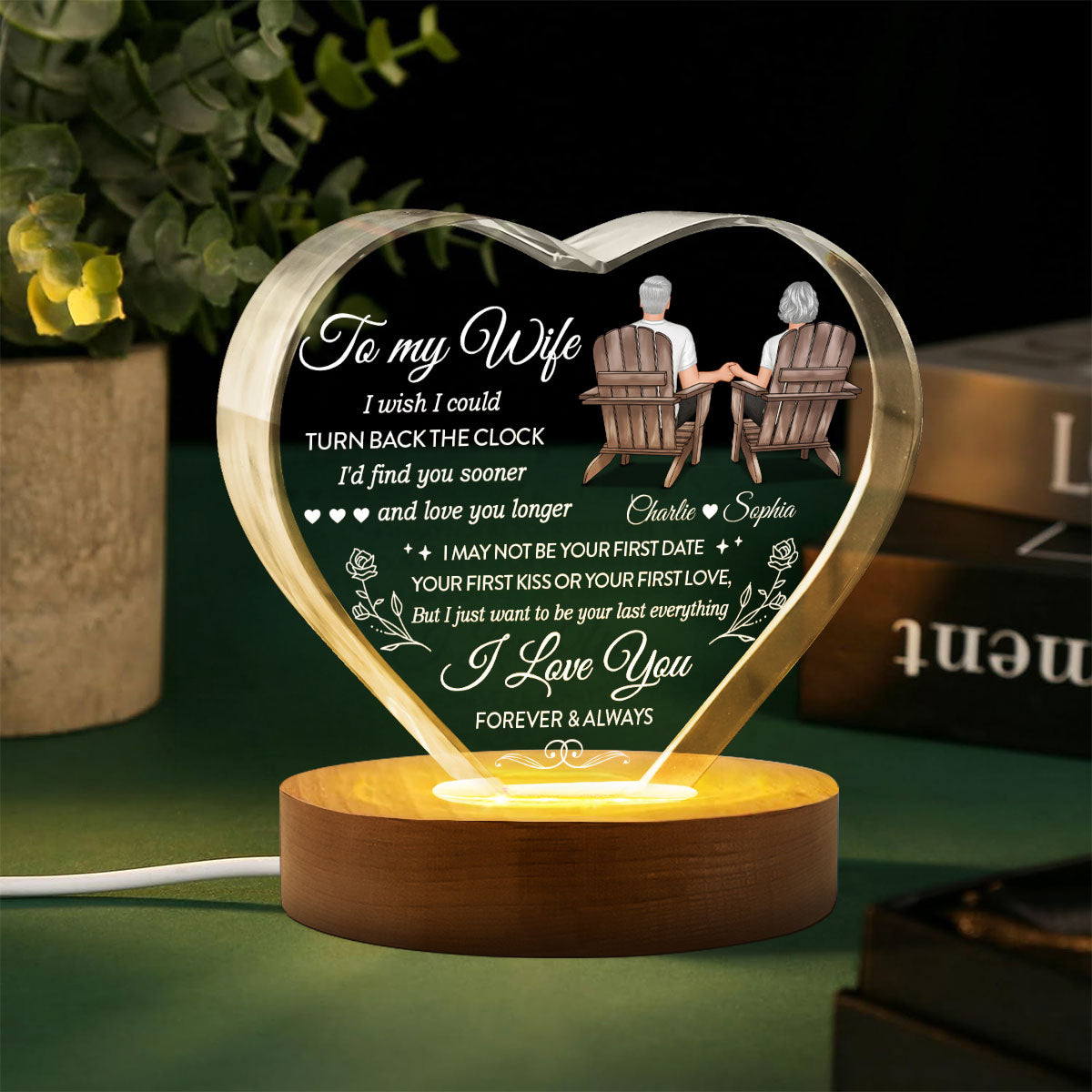 To My Wife I Wish I Could Turn Back The Clock Premium Crystal Heart LED, Heartfelt Personalized Couple Anniversary Gift For Couple, Last-minute Valentine's Gift For Her, For Wife, FREE DELIVERY