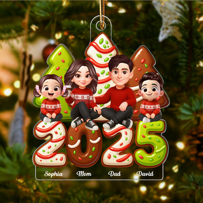 Christmas Tree Cake Family Sitting 2025 Personalized Acrylic Ornament, Christmas Decor for Family