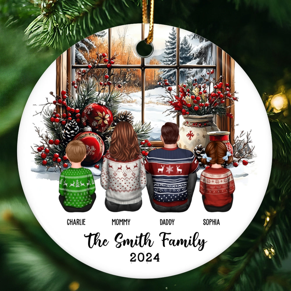 Family Sitting By The Window Personalized Ceramic Ornament, Christmas Gift for Siblings