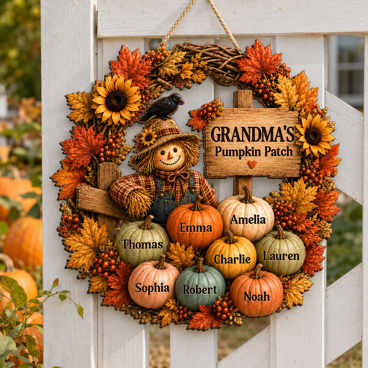 Grandma's Scarecrow Pumpkin Patch - Personalized Wooden Door Sign - Fall Decor for Grandma