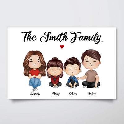 Whole Doll Family Sitting Couple Dad Mom Kids Dogs Cats Watercolor Style Personalized Horizontal Poster