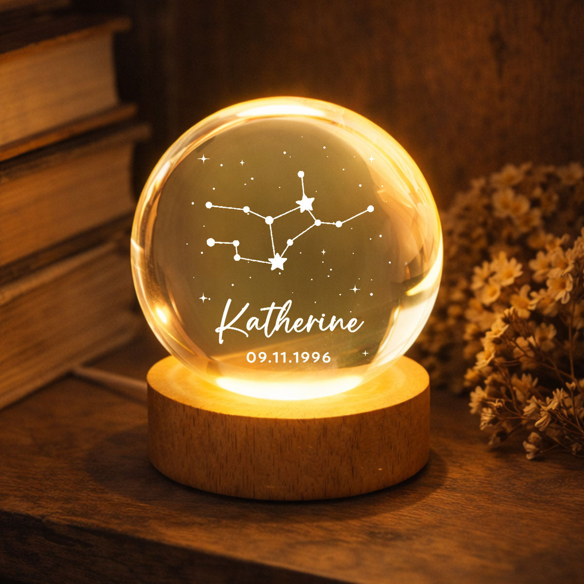 Birthday Zodiac Constellation Astrology Star Sign Art - Personalized Crystal Ball LED Night Light - Birthday Gift, Keepsake