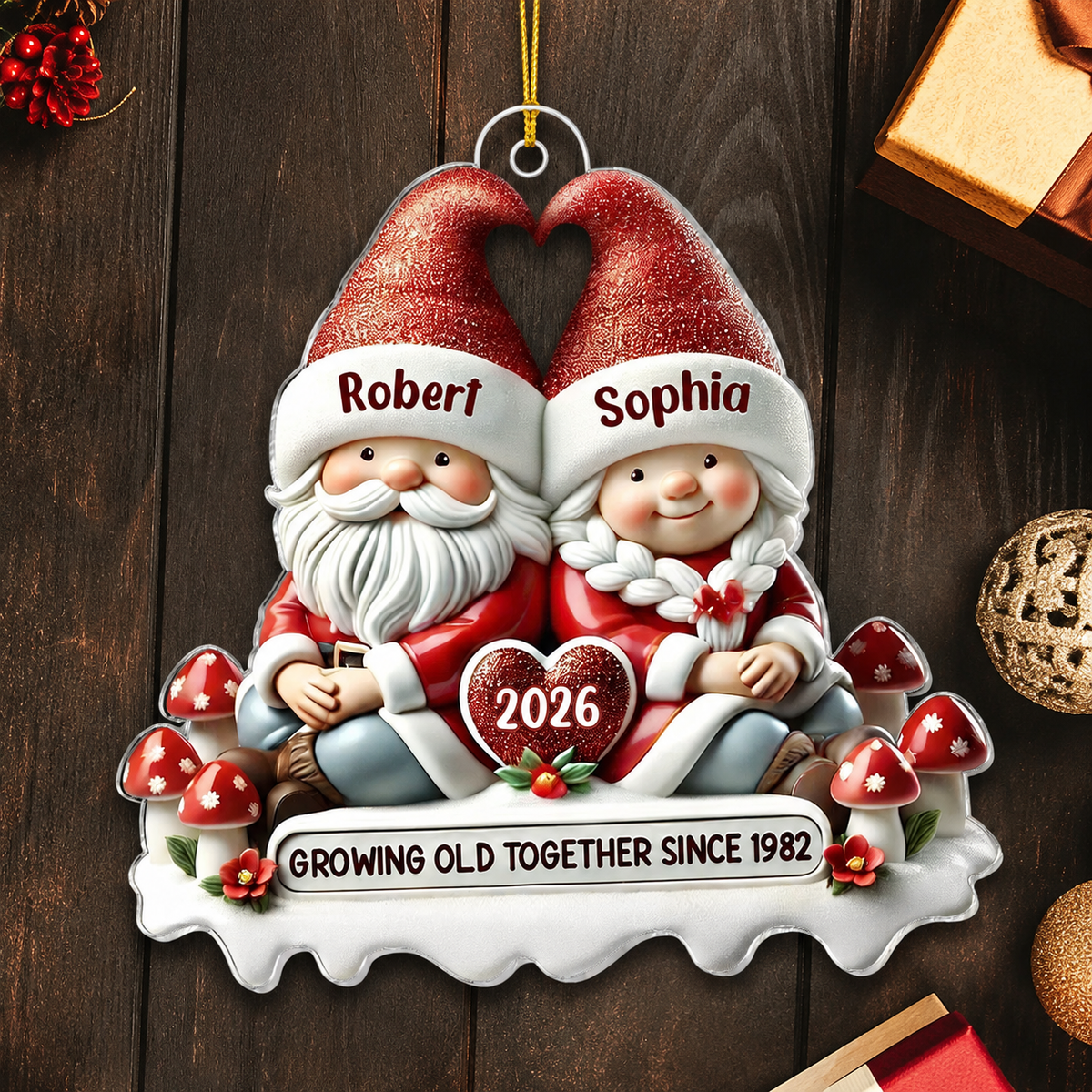 3D Effect Gnome Couple Personalized Acrylic Car Hanger Ornament, Valentine's Gift For Him, For Her, Husband, Wife