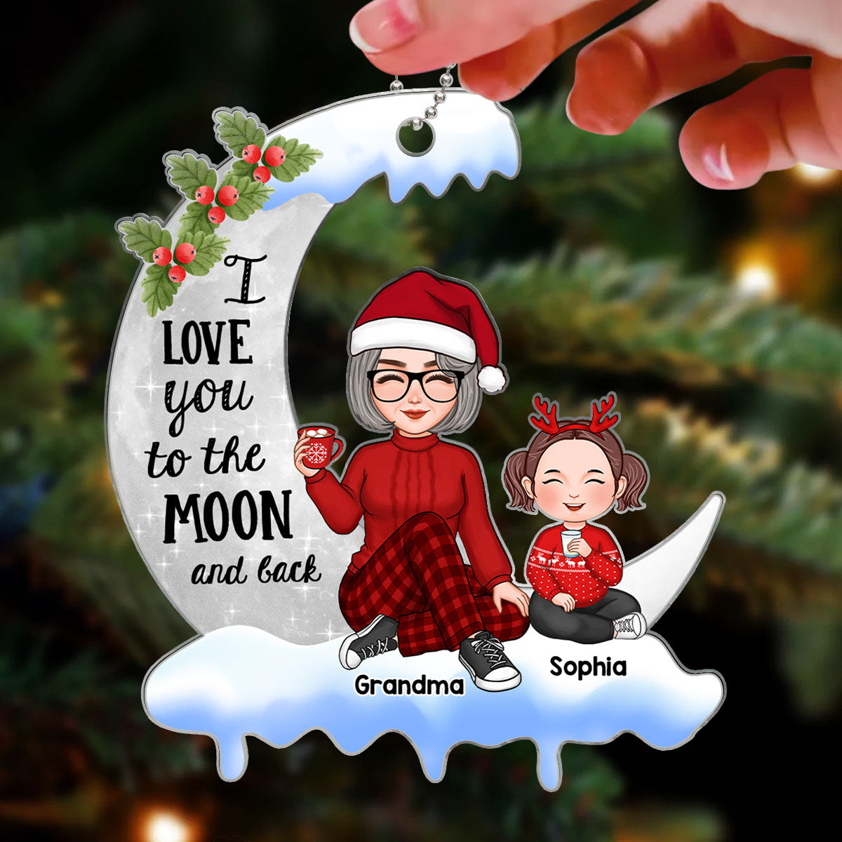 Cute Grandma Grandkids On Christmas Moon Personalized Acrylic Ornament