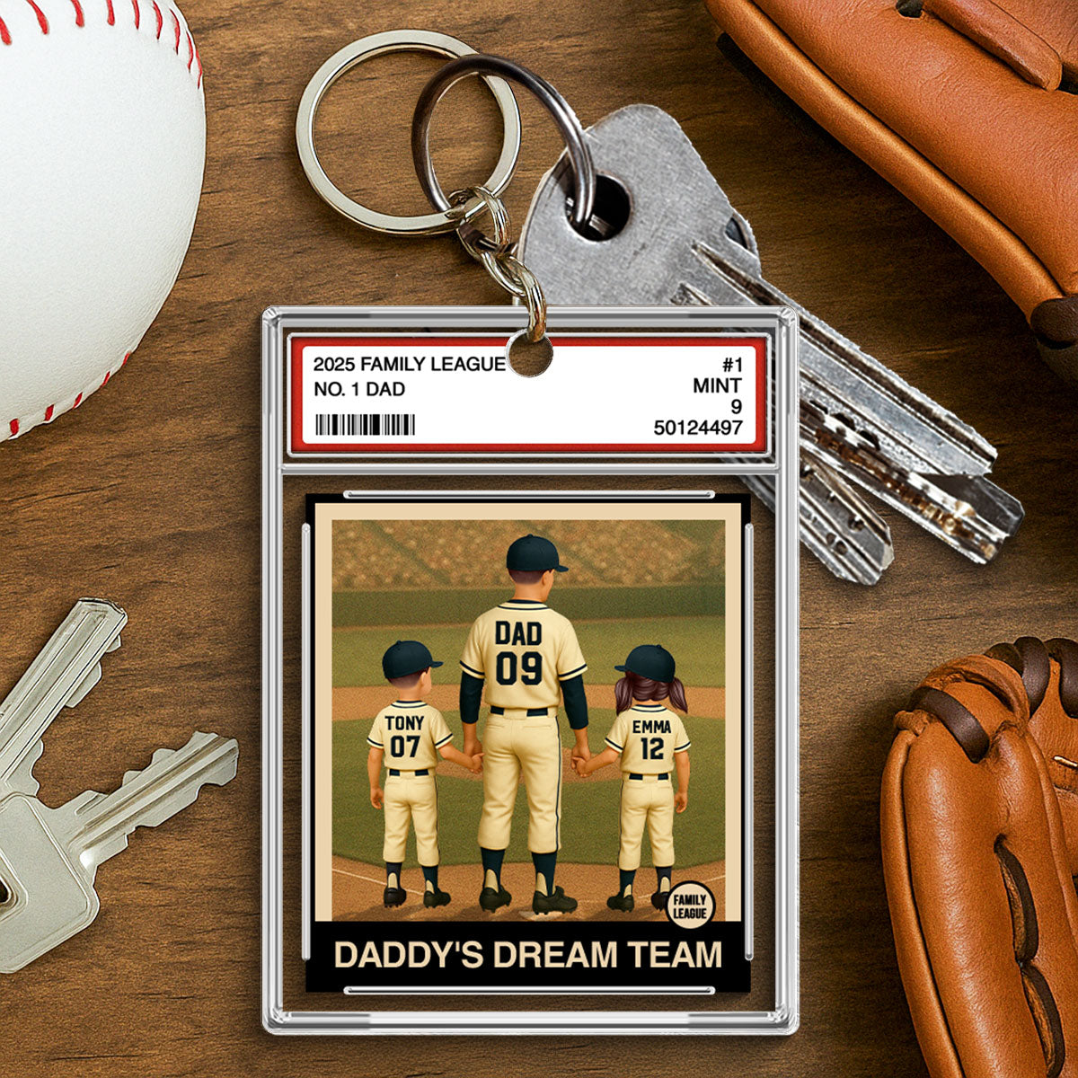 Baseball No. 1 Dad Man & Kids Trading Card Style Personalized Acrylic Keychain