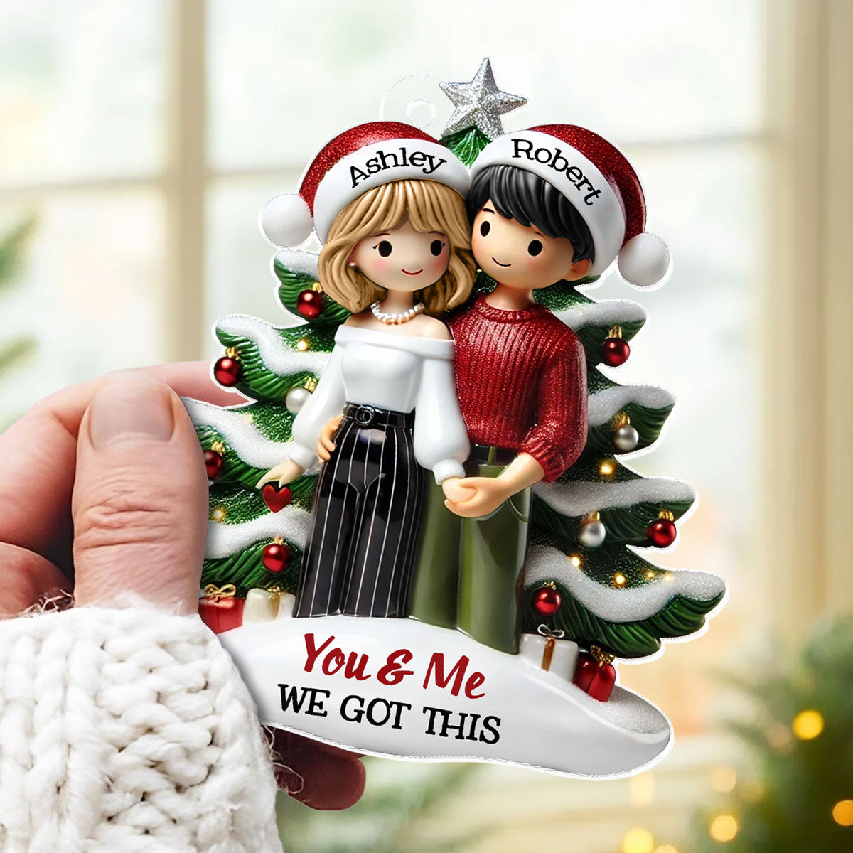Couple Standing In Front Of The Christmas Tree Personalized 2D Flat Acrylic Ornament,  Christmas Gift For Him, For Her