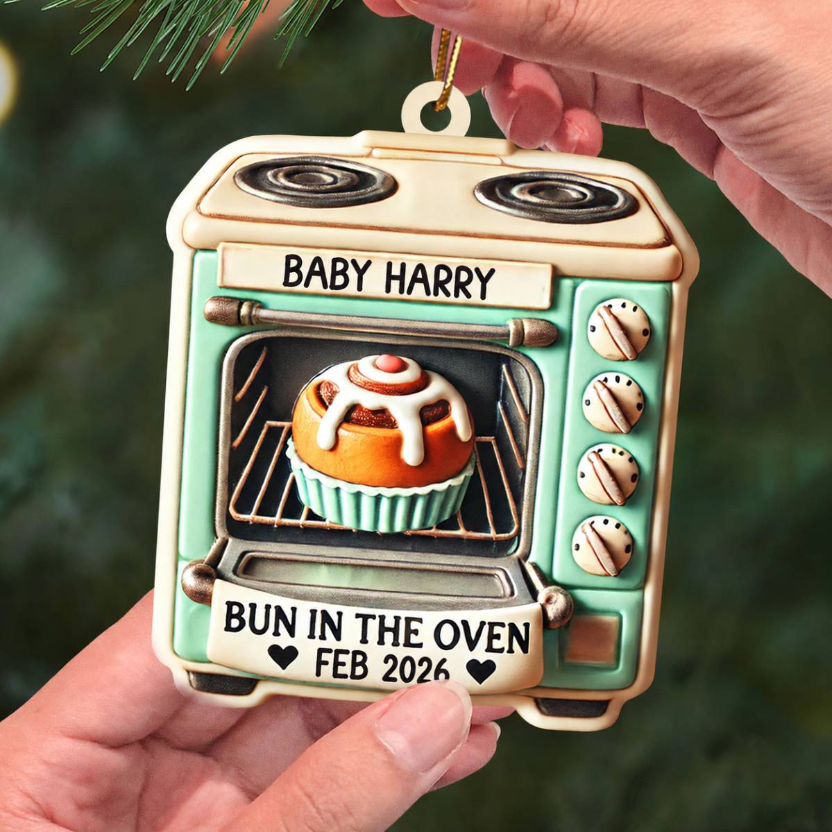 Vintage Bun In The Oven Pregnancy Announcement Keepsake Christmas Gingerbread 3D Effect Personalized Acrylic Ornament
