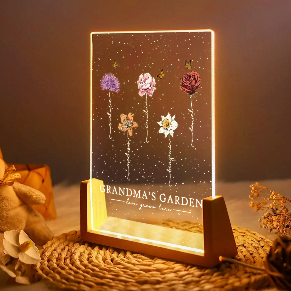 Grandma's Garden Love Grows Here Birthmonth Flowers Personalized U-Base Acrylic LED Night Light, Grandkids Names Floral Gift