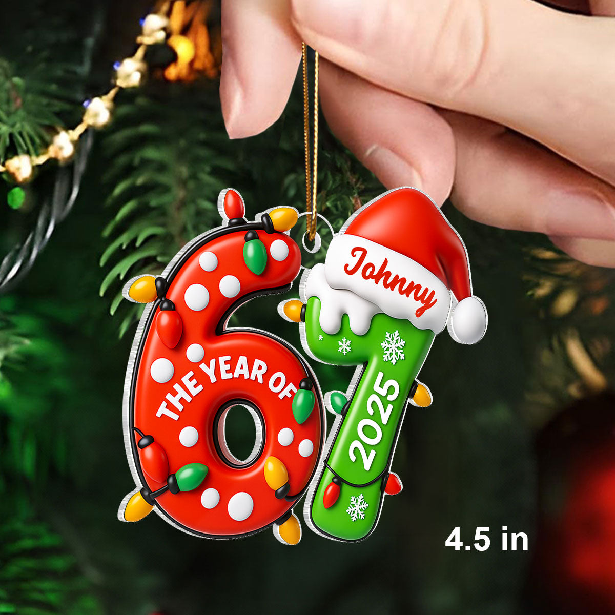 Lights and Santa Hat Six Seven - Personalized Acrylic Ornament - Fun Christmas Decoration, Christmas Gift For Teen, Grandkid, Gen Alpha