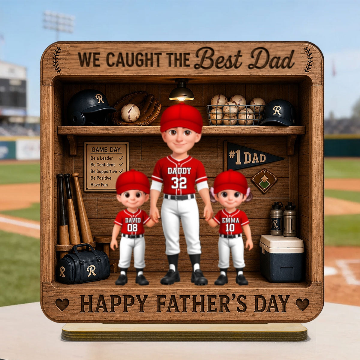 Baseball Dad & Kids Locker Room - Personalized 2-Layered Wooden Plaque - Father's Day Gift For Dad, Husband