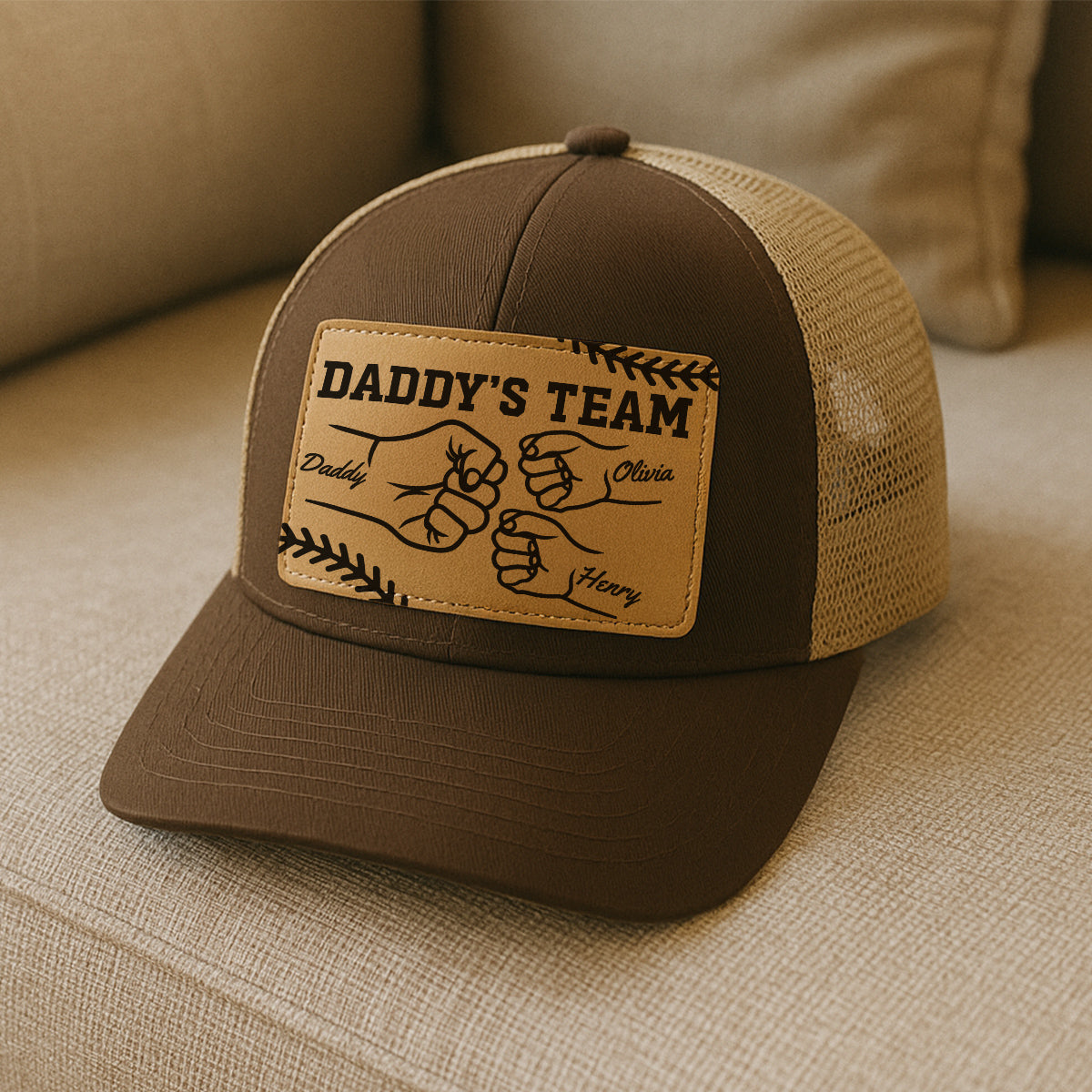 Baseball Daddy's Team Fist Bump Outline Personalized Leather Patch Hat