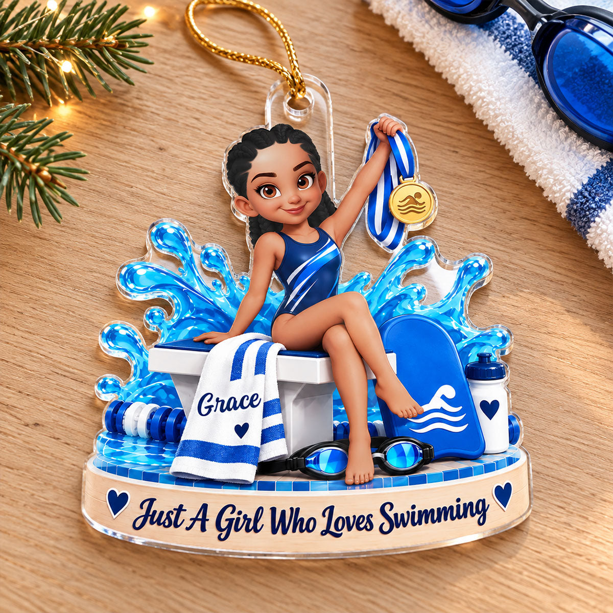 Just a Girl Who Loves Swimming - Personalized Acrylic Ornament - Custom Name Gift for Swimmer, Christmas Swim Team Gift, Female Athlete Keepsake