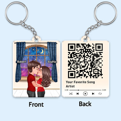 Doll Couple Kissing In House Moon Window Favorite Song QR Code Personalized Acrylic Keychain