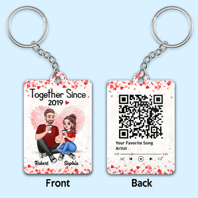 Cartoon Couple Sitting Together Since Fingerprint Heart Favorite Song Scannable QR Code Personalized Acrylic Keychain