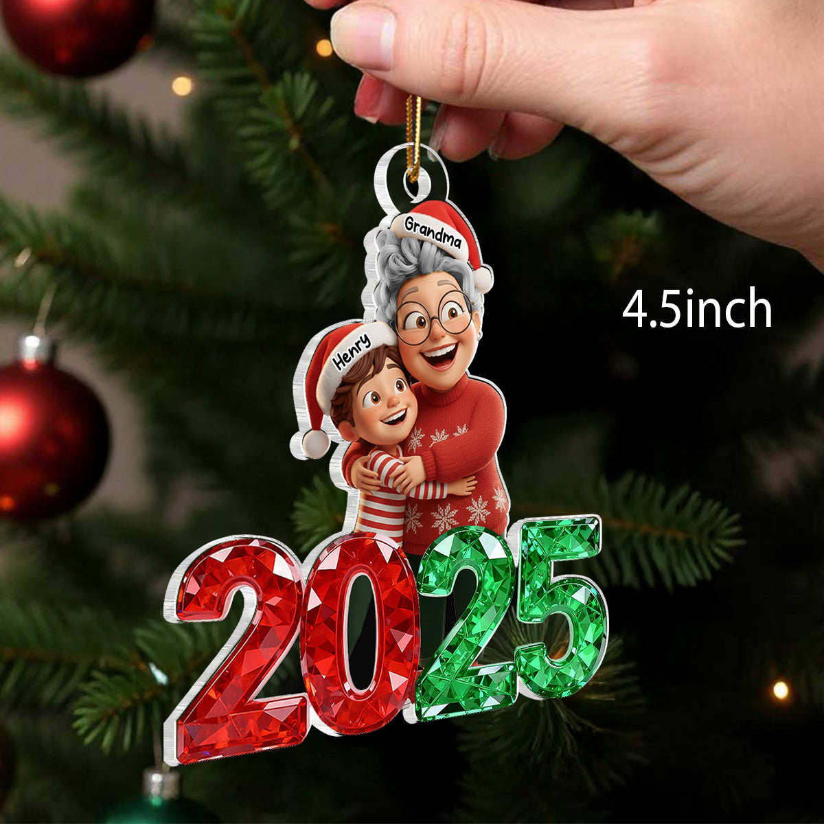 3D Glitter Crystal Happy Grandma Hugging Grandkid 2025 - Personalized Acrylic Ornament - Christmas Gift for Grandma, Grandkid