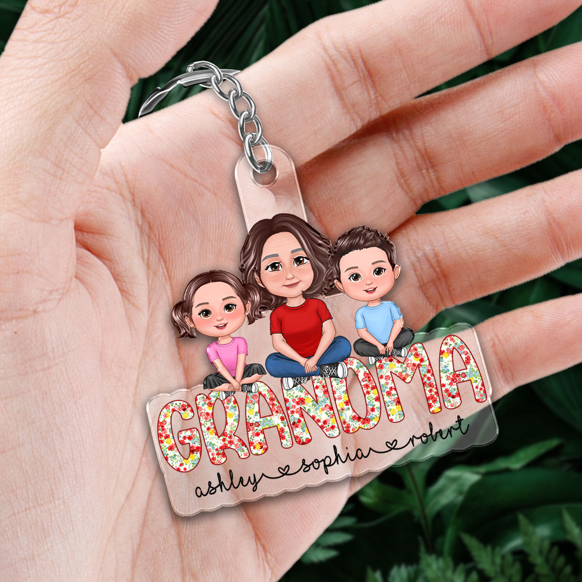 Grandma Grandkids Sitting On Text Personalized Acrylic Keychain
