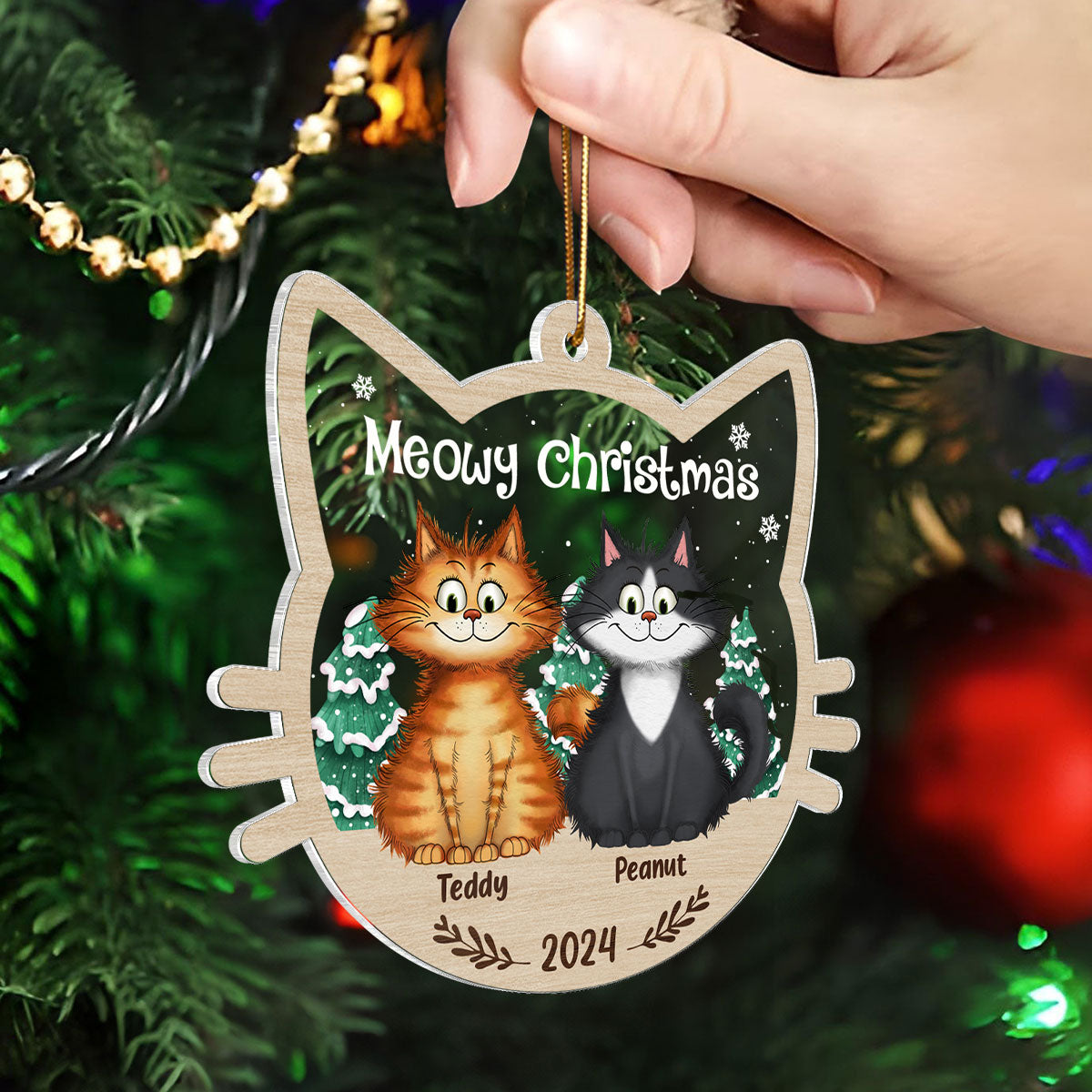 Meowy Christmas Quirky Cats Personalized Cat Face Shaped Acrylic Ornament
