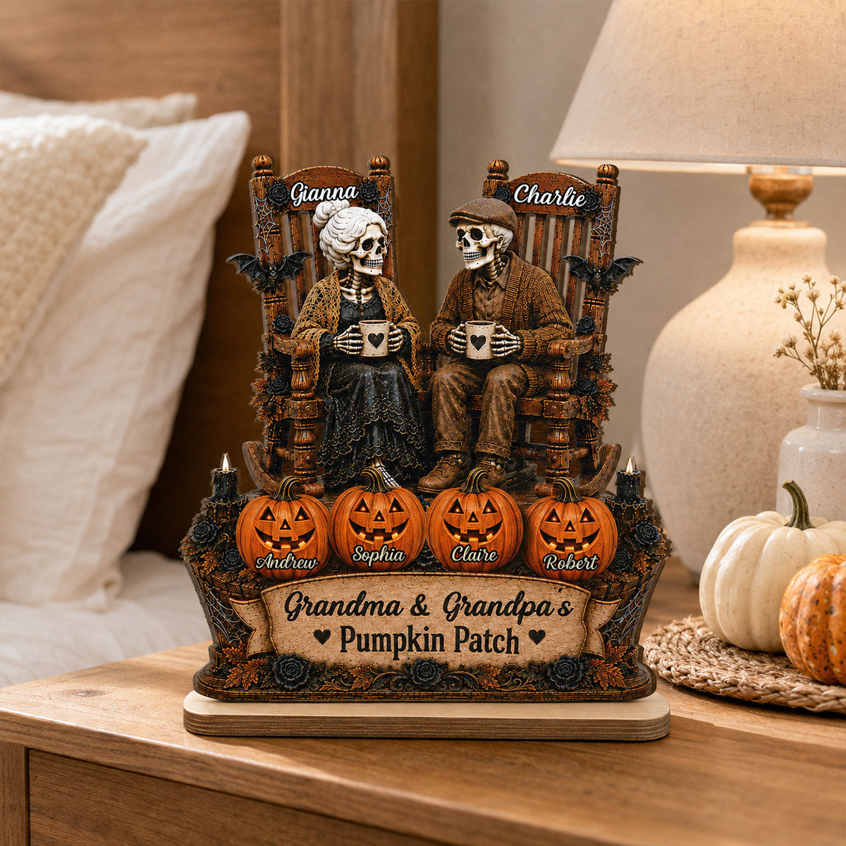 Grandma Grandpa Skeleton Pumpkin Patch 2D Flat - Personalized Wooden Plaque - Halloween Gift