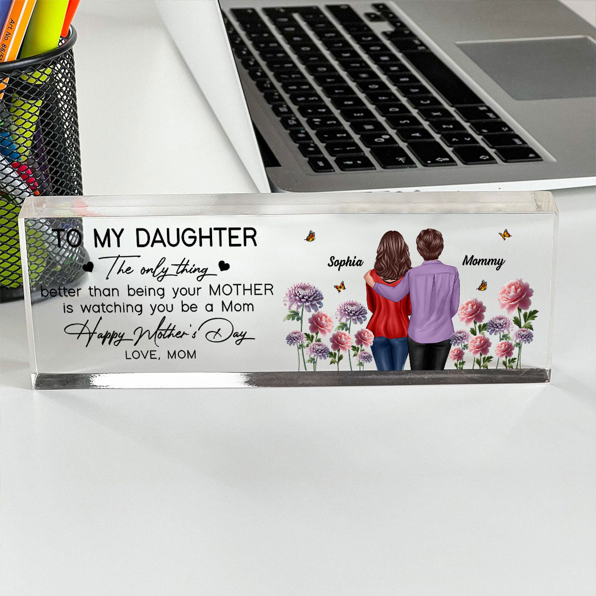 To My Daughter From Mom Happy Mother's Day Birth Flower Personalized Desk Block, Gift For Daughter