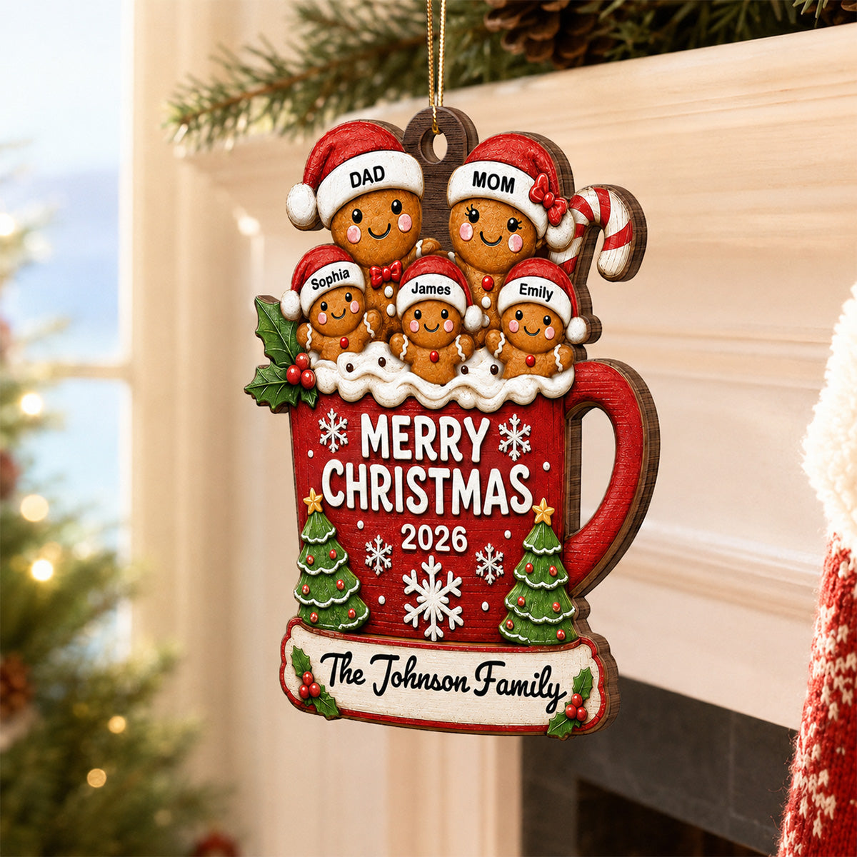 Gingerbread Family In Hot Cocoa 2D Flat - Personalized Wooden Ornament - Christmas Tree Decor For Family