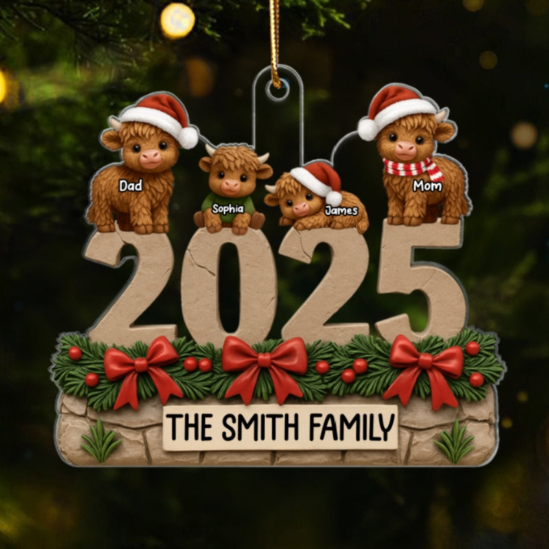 3D Effect Christmas Highland Cows Family Dad Mom Kids - Personalized Acrylic Ornament - Gift For Family