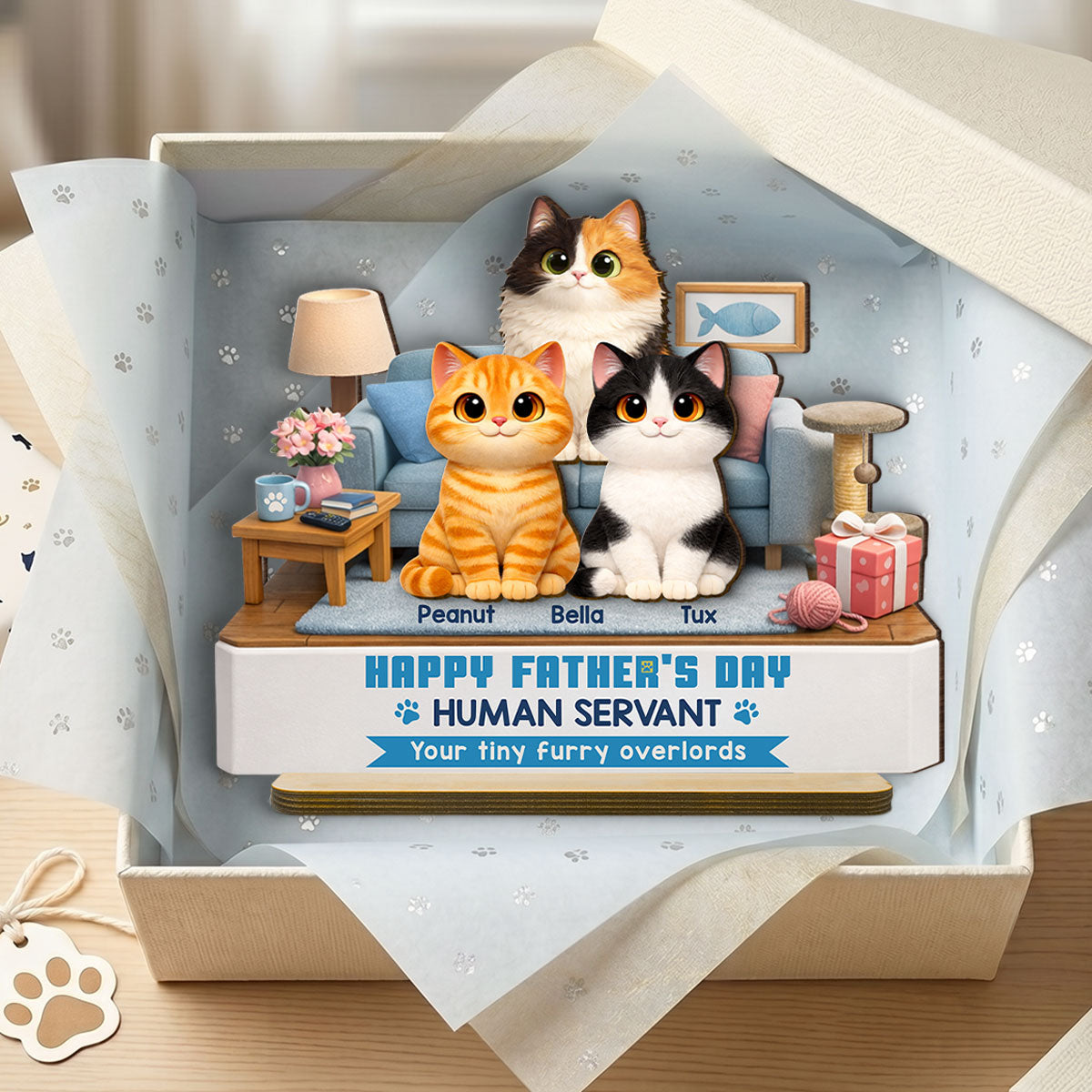 Cat Dad Cute Fluffy Cats Happy Father's Day Human Servant - Personalized 2-Layered Wooden Plaque - Funny Father's Day Gift For Cat Dad, Cat Lovers
