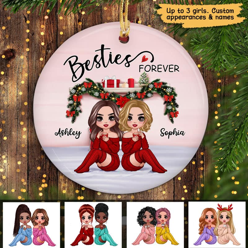 Christmas Doll Besties Sitting On Bed Personalized Circle Ornament