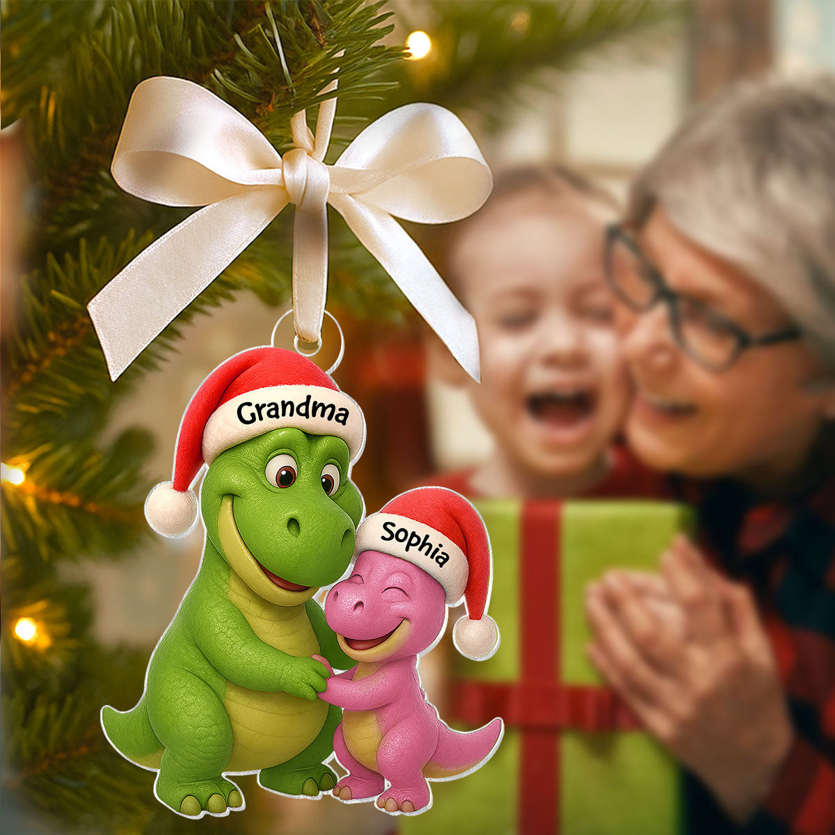3D Effect Heartwarming Grandmasaurus Hugging Dinosaur Grandkid - Personalized Acrylic Car Hanger - Fun & Unique Gift For Grandkids