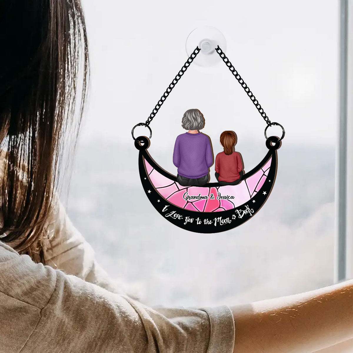 Grandma Grandkid On Moon Personalized Window Hanging Suncatcher Ornament, Gift for Mom, for Grandma