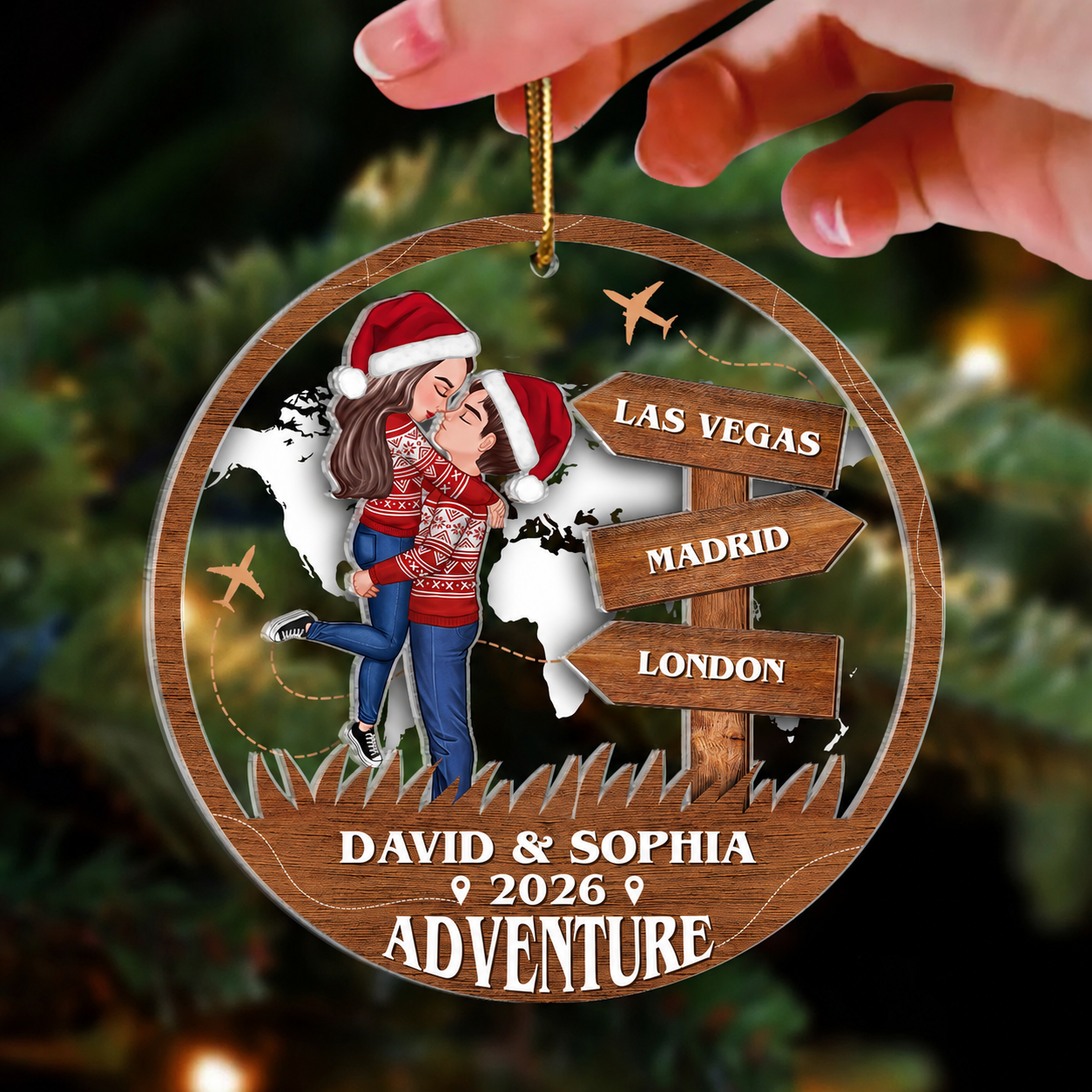 Adventure Kissing Couple Personalized 2-Layer Acrylic Ornament, Christmas Gift For Couple, Gift For Travelers
