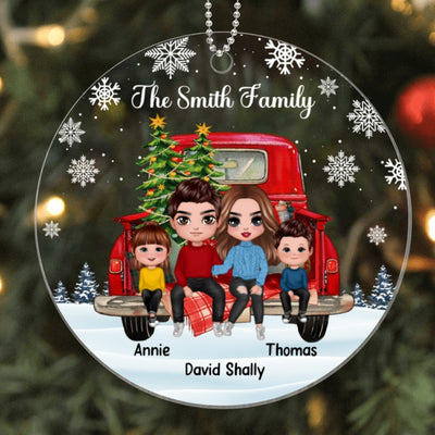 Family Couple Dad Mom Kids On Christmas Truck Personalized Acrylic Ornament