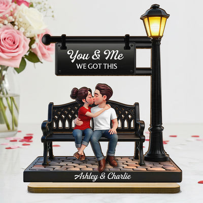 Everlasting Love Couple Sitting Kissing Under Lamp Post - Personalized 2-Layered Wooden Plaque - Heartfelt Gift For Couple