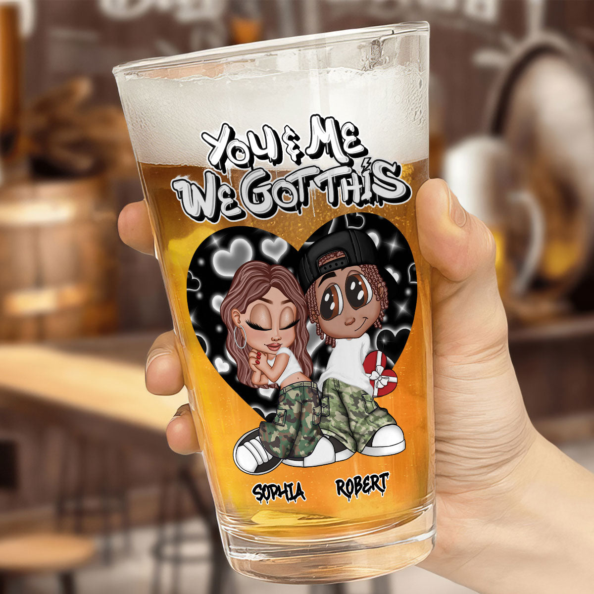 Y2K Couple Airbrushed Personalized Beer Glass, Pint Glass, Gift For Him, Gift For Her