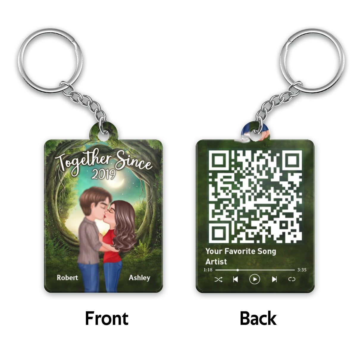Doll Couple Kissing Green Tree Arch Favorite Song QR Code Personalized Acrylic Keychain
