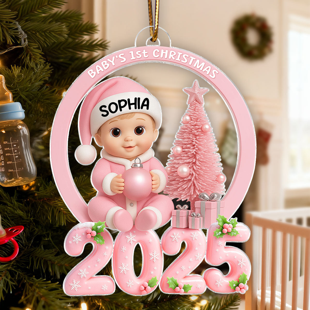 Baby's 1st Christmas Beside Christmas Tree - Personalized Acrylic Ornament - Unique Christmas Gift For New Born, Baby