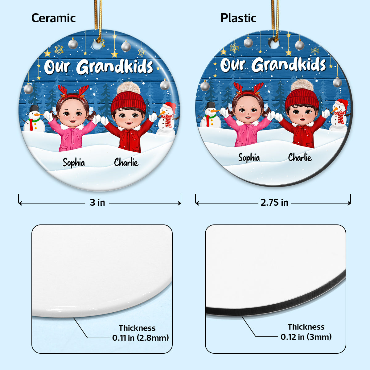 Happy Kids Playing In Snow Blue Wooden Personalized Circle Ornament
