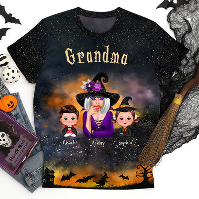 Grandma & Kids Witchy Ombre Tie-Dye Pattern Personalized Shirt Perfect Halloween Costume For Grandma