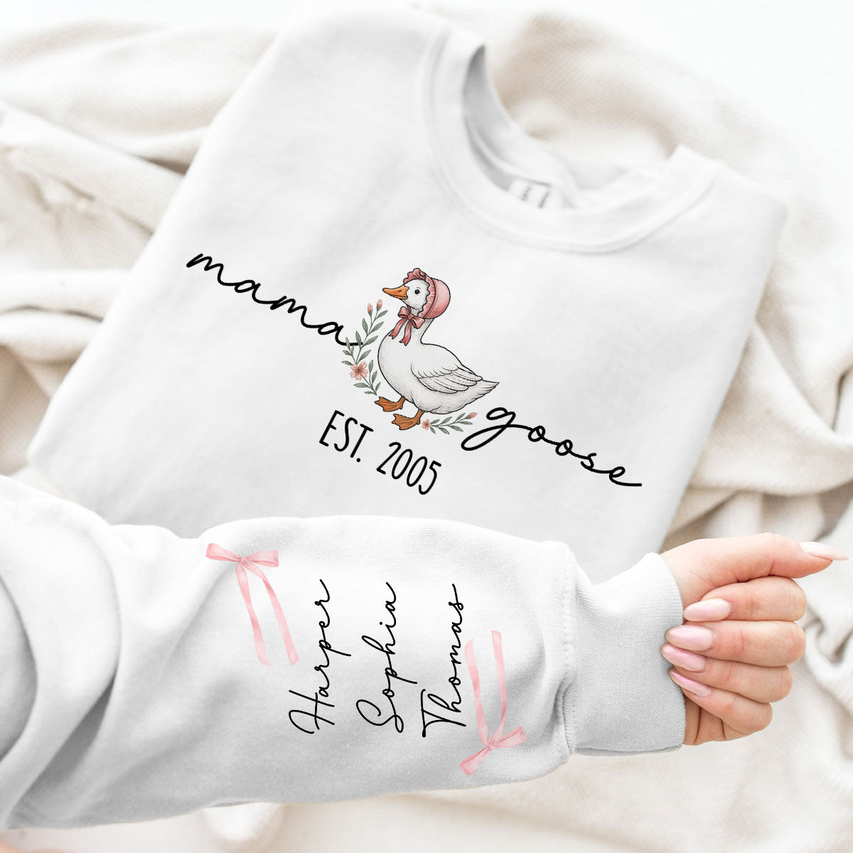 Mama Goose Est. Personalized Sleeve Printed Sweatshirt, Gift For Mom, Grandma