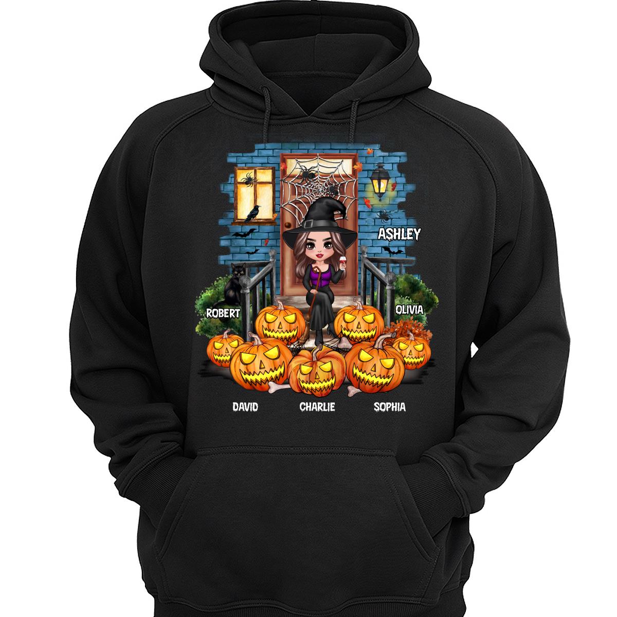 Grandma Mom Halloween Pumpkins Front Porch Personalized Shirt