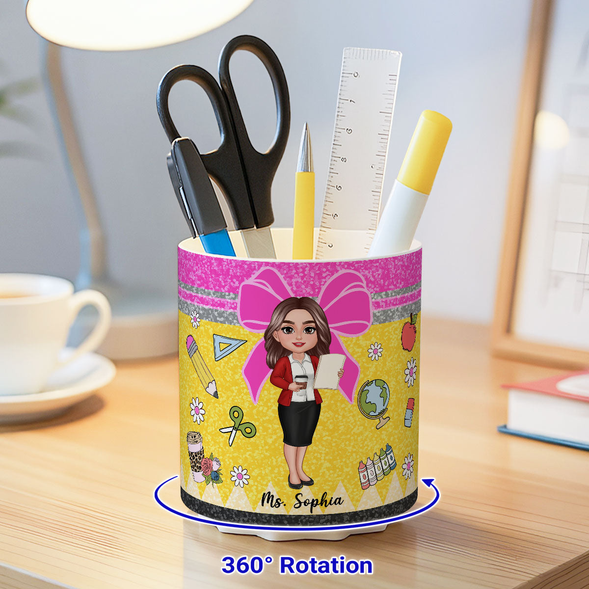 Glitter Coquette Pattern Personalized Rotating Pen Holder, Teacher Appreciation Gift, Back To School Gift