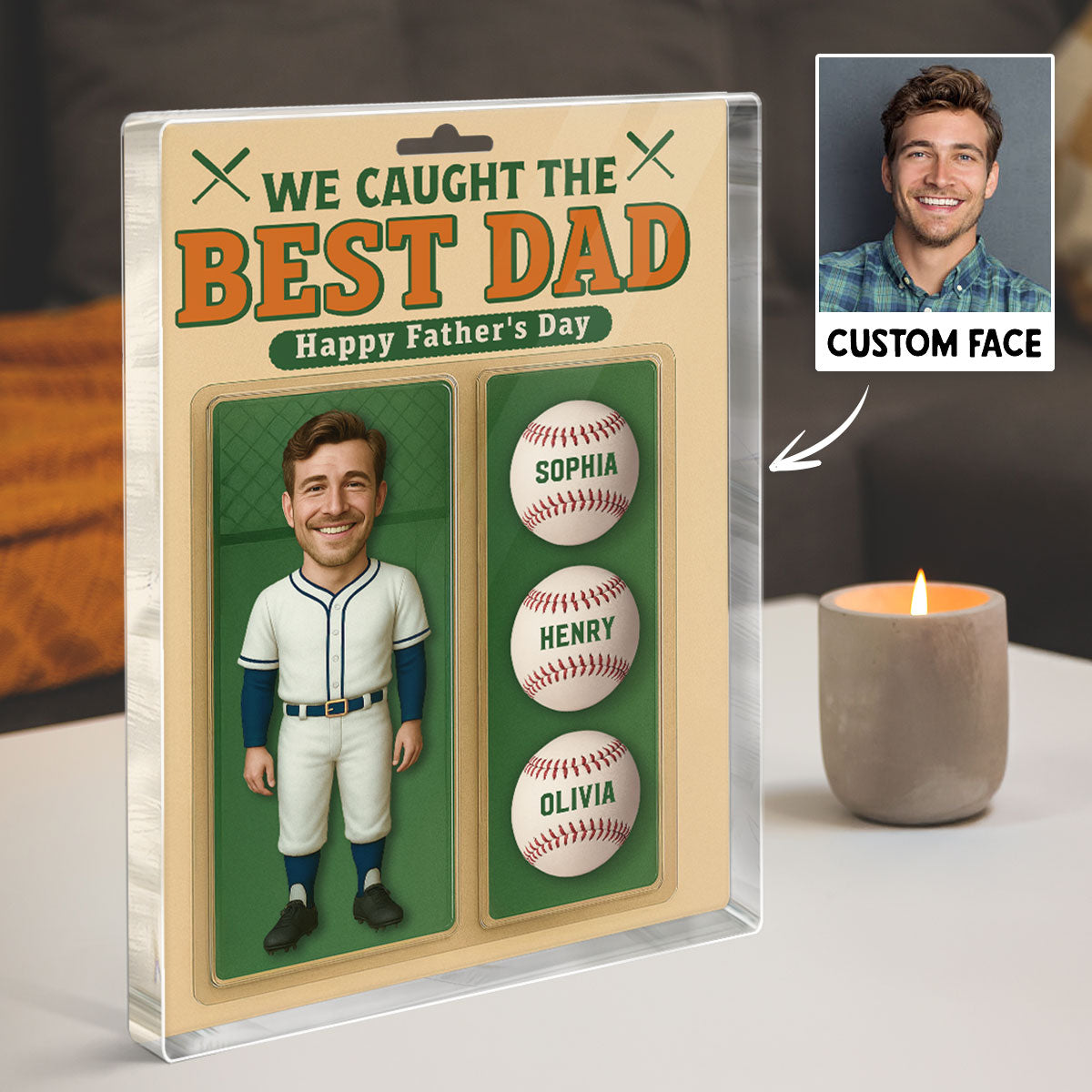 3D Effect We Caught The Best Dad Custom Figure Baseball Personalized Rectangle Flat Acrylic Block Plaque