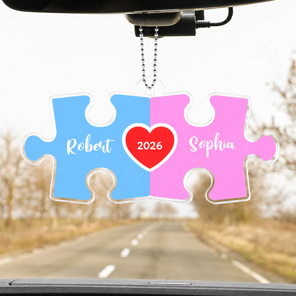 Love Is The Piece That Holds Us Together Acrylic Car Hanger, Personalize Couple Puzzle Name Sign,  Gift For Him, For Her, Wedding Gift
