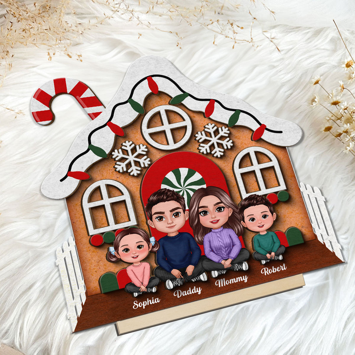Gingerbread House Family Christmas Tabletop Fireplace Decor Personalized 2-Layer Standing Wooden Plaque