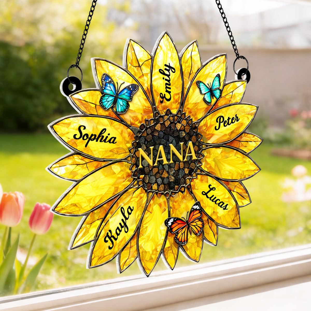 Sunflower Grandma Mom Custom Kids Names - Personalized Acrylic Window Hanging - Mother's Day Gift for Grandma, Mom, Wife