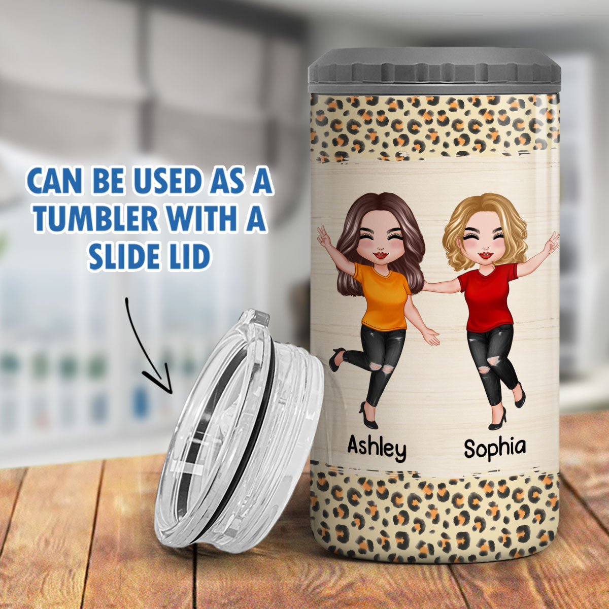 Besties Forever Leopard Wood Texture Personalized Multipurpose Tumbler 4 In 1 Can Cooler