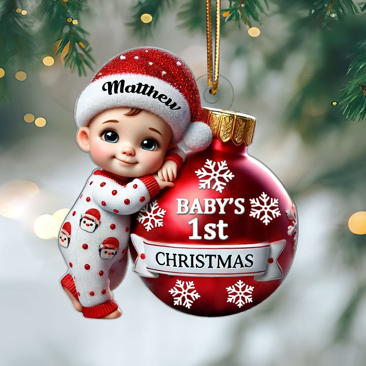 Baby Holding Bauble First Christmas Personalized 2D Flat Acrylic Ornament, Christmas Gift for New Mom, New Dad, Baby Keepsake