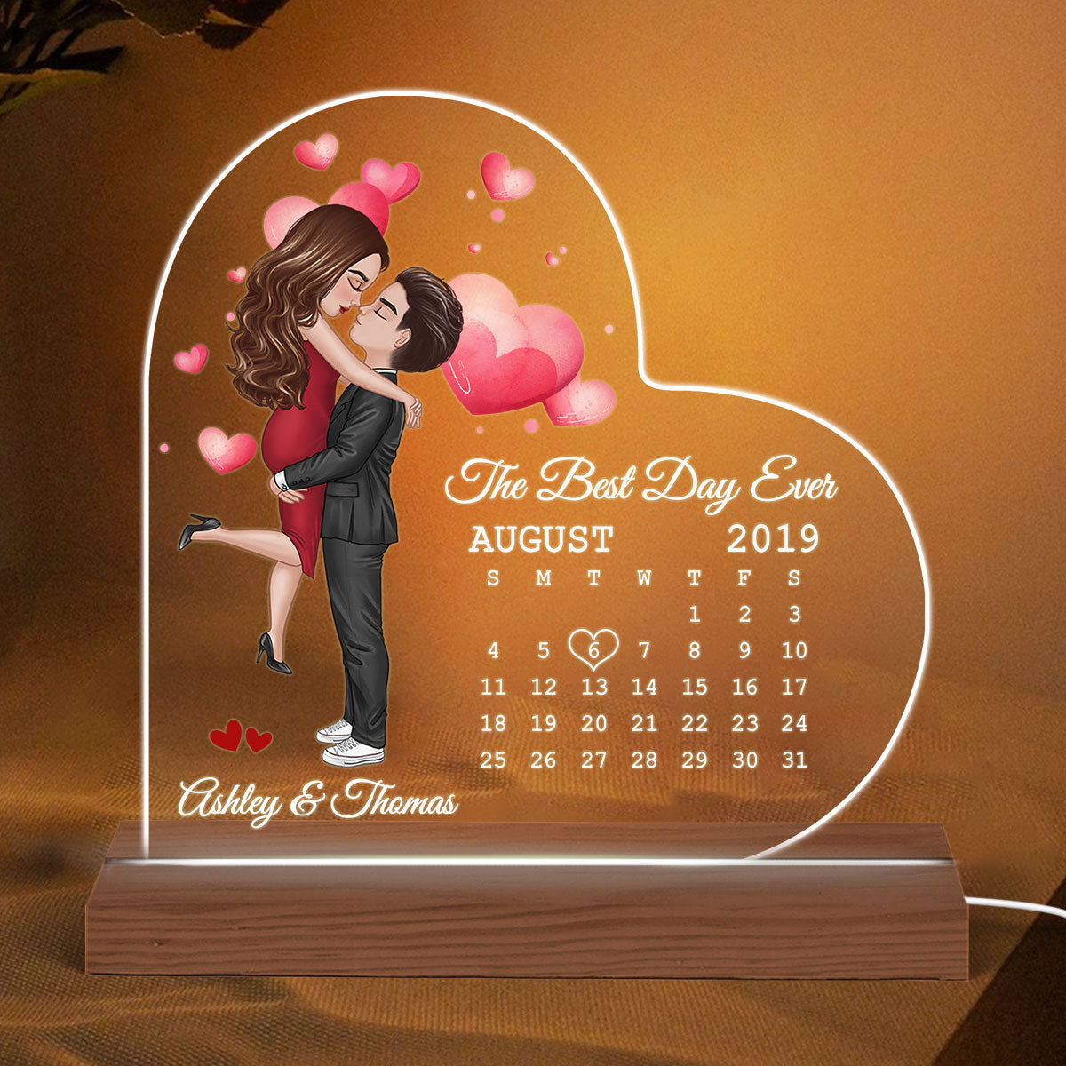Doll Couple Hugging Kissing Calendar Anniversary Date Personalized Heart Shaped Acrylic Plaque With LED Night Light - Anniversary Gift For Couple - Gift For Him, Gift For Her