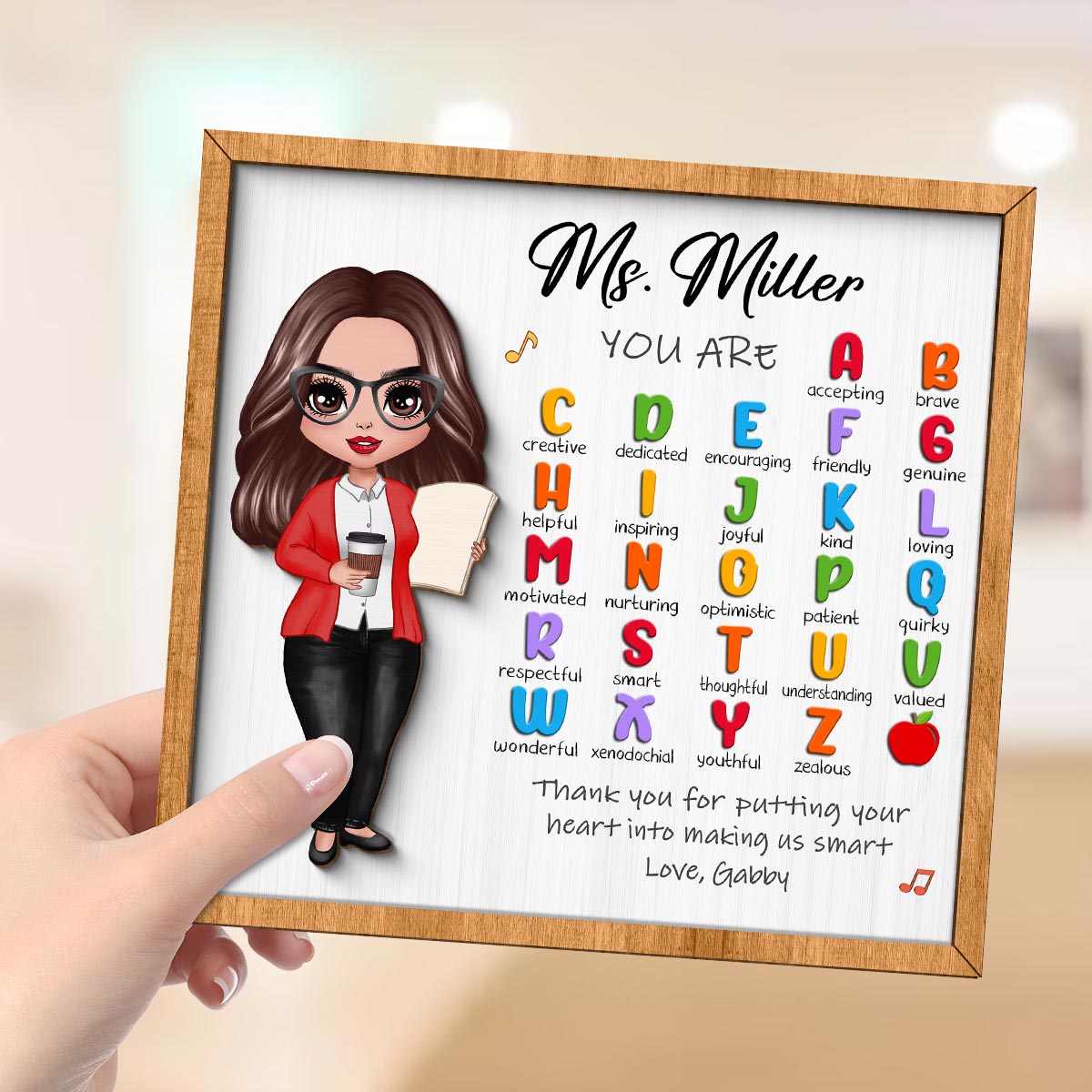 Teacher Appreciation Gift Thank You Alphabet Characteristics Doll Teacher Personalized 2-Layer Wooden Plaque